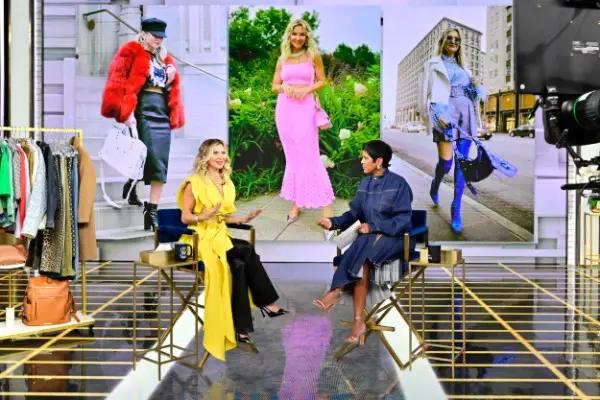 Tali Kogan and Tamron Hall on set, with Tali's styling looks on the screen behind them